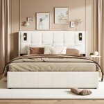 Lit double capitonn� 140 x 200 cm avec liseuse, rangement en t�te de lit, recharge usb, sommier hydraulique ...
