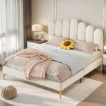 Lit double capitonn� 140x190 cm, tissu velours, avec t�te de lit en forme de doigt, sommier � lattes, ...