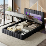 Lit double capitonn� 140x200 cm avec led et usb, lit hydraulique avec �tag�res ouvertes et rangement ...