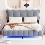 Lit double capitonn� 140x200 cm, avec t�te de lit en forme de biscuit , avec barre lumineuse led orientable, ...