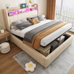 Lit double capitonn� 140x200cm avec leds usb, t�te de lit rangements, coffre hydraulique, tissu lin beige, ...