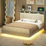 Lit double capitonn� 140x200cm avec prise usb et led, lit adulte avec sommier � lattes et t�te de lit ...