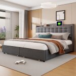 Gutent - lit double capitonn� 160x200 cm, table de chevet avec port de charge usb et �tag�re, 4 tiroirs, ...