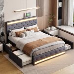 Lit double capitonn 180x200 cm, 4 tiroirs, bande lumineuse led, tissu en lin, sommier  lattes, prise ...