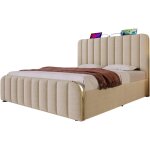 Gutent - lit double capitonn� avec garniture dor�e et recharge usb type - c, lin beige, avec 4 tiroirs ...