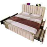 Gutent - lit double capitonn� avec garniture dor�e et recharge usb type - c, lin beige, avec 4 tiroirs ...