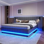 Lit double capitonn� avec t�te de lit led - usb - sans matelas - 180x200 - lin gris - 250x203, 5x103cm ...