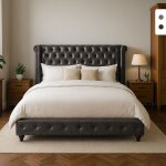 Lit double chesterfield 160x190 cm en simili cuir chur - noir