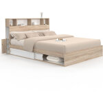 Lit double clem avec rangements + t�te de lit et sommier 160 x 200 cm h�tre et blanc