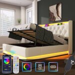 Lit double coffre 180x200 blanc - tte de lit rembourre avec chargeur usb - c, clairage led 360 et ...