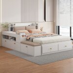Lit double combin 140x200 bois massif blanc, tte de lit rangement, tiroirs, table de chevet, placard ...