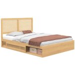 Lit double edhen avec rangements + tte de lit cannage et sommier 140 x 190 cm coloris bois