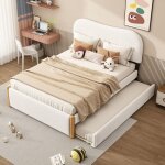 Lit double enfant 140x200, rembourr� avec lit d'appoint coulissant pratique, design minimaliste blanc ...