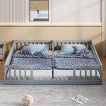 Lit double enfant 90x200 avec barri�re de s�curit� - structure en pin, sommier � lattes inclus, style ...