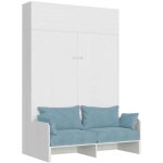 Lit double escamotable kentaro 160 cm avec canap et lment mural en frne blanc, bleu clair