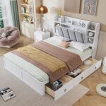 Lit double 140x200cm lit adulte avec tagre ouverte, trois tiroirs  roulettes, poignes en mtal et ...