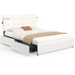 Idmarket - lit double mael 140 x 190 cm avec t�te de lit capitonn�e pvc blanc liseuses int�gr�es et sommier ...