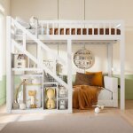 Lit double mezzanine 140 x 200 cm, lit enfant, lit superpos�s avec escalier de rangement, bois massif, ...
