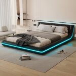 Lit double plat 140x200, style japonais avec �clairage led int�gr�, rev�tement pu, couleur noir (sans ...