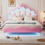 Redom - lit double plat 140x200cm, lit princesse en forme de couronne, rembourrage en cuir pu souple, ...