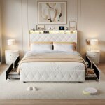 Lit double avec rangement 140x200 - lit adulte capitonn� en velours, 2 place, avec 4 tiroirs, led, usb, ...