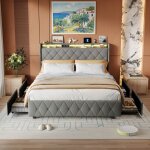 Lit double avec rangement 140x200 - lit adulte capitonn� en velours, 2 place, avec 4 tiroirs, led, usb, ...