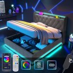Lit double avec rangement 180x200 - t�te de lit led et usb - c, �clairage 360�, commande multiple - tissu ...