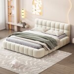Lit double rembourr� 140 x 190 cm, tissu lin, design int�gr�, rembourrage en mousse haute densit�, lit ...