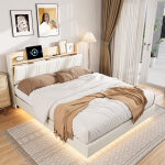 Lit double rembourr� 140x190cm, tissu pu, avec lumi�res rgb - led, avec prises usb, type - c et euro, ...
