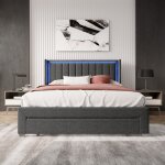 Sureh - lit double rembourr� 160 x 200 cm, tissu lin, �clairage led orientable, 1 grand tiroir sur roulettes, ...