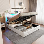 Lit double rembourr� 160x200 cm, tissu pu, avec �clairage led rgb, lit coffre, ports usb et type - c, ...