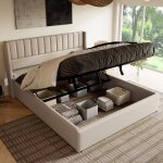 Lit double rembourr 160x200cm, tissu lin, lit coffre hydraulique, tte de lit rembourre paisse, sommier ...