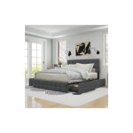 Lit double rembourré avec 4 tiroirs de rangement, tête de lit réglable en hauteur, support sommier à ... Lit double rembourré avec 4 tiroirs de rangement, tête de lit réglable en hauteur, support sommier à ...