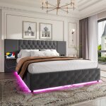Lit double rembourr lit coffre 160x200 cm led - usb tte de lit large sommier  lattes lit adulte velours ...