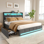 Lit double rembourr� en lin, 160 x 200 cm, avec quatre tiroirs, lit de rangement avec �clairage led rgb, ...