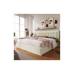 Lit double rembourr avec sommier  lattes, coffre espace de rangement et bandeau  led 140x200 cm, revtement ...