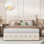 Lit double rembourré en velours 140 x 200 cm avec décor rivets, avec espace de rangement, tête de lit ... Lit double rembourré en velours 140 x 200 cm avec décor rivets, avec espace de rangement, tête de lit ...