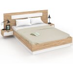 Idmarket - lit double santa avec tte de lit + tables de chevet intgres et sommier 160 x 200 cm bois ...