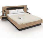 Idmarket - lit double santa avec tte de lit + tables de chevet intgres et sommier 160 x 200 cm bois ...