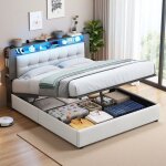 Lit double tapissé 140x200cm, tête de lit avec bande led, usb et compartiment de rangement, lit coffre ... Lit double tapissé 140x200cm, tête de lit avec bande led, usb et compartiment de rangement, lit coffre ...