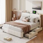 Lit 140x200 cm, avec 4 tiroirs de rangement, chargement usb, pu, ??sommier  lattes, cadre mtal, convient ...