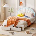 Tanant - lit avec tiroirs 140x190 cm - lit capitonn avec tte de lit ptales et clairage led, sommier ...