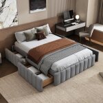 Lit double avec tiroirs 140x200 cm, lit capitonn avec 4 tiroirs, sans tte de lit, sommier  lattes, ...
