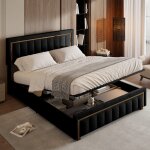 Lit double en velours, lit coffre, 160 x 200 cm, rayures verticales, passepoil dor�, lit pour adulte ...