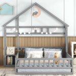 Okwish - lit cabane 140x200 cm, lit double d'enfant avec barrires et tables de chevet, en bois de pin, ...