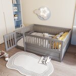 Lit enfant 140x200 cm avec barreaux et porte de s�curit� - cadre en bois robuste - couleur gris lit double ...