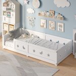 Lit enfant 140x200 cm en bois massif, barri�re de protection �toile et lune, lit bateau, base � lattes, ...