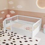 Lit enfant 140x200 cm, cadre de lit en bois avec barrires et porte, lit cabane, sans sommier  lattes, ...