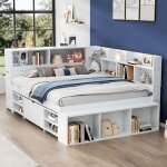 Wishdor - lit enfant 140x200 cm, cadre de lit avec tiroirs, bibliothque et rangement, sommier  lattes, ...