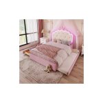 Lit enfant 140x200 cm avec lit gigogne, 2 tiroirs, tte de lit couronne, lumire led tlcommande, sommier ...